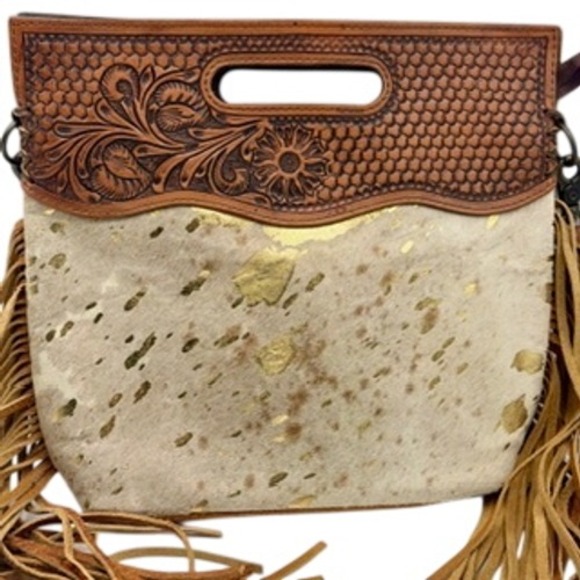 American Darling Tooled Leather Hair on Hide Gold Fringe Crossbody Bag Brown - Picture 2 of 11